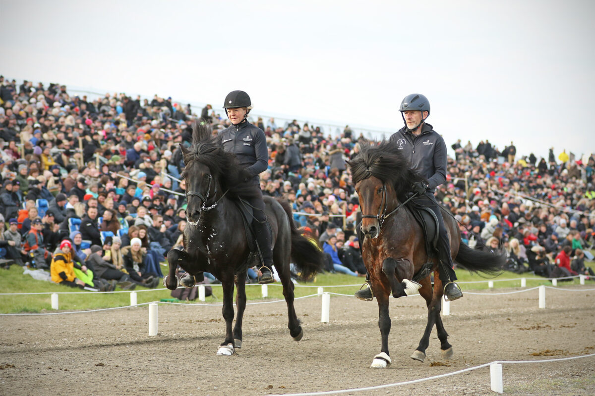 Mette & Gísli riding Hannibal and Blundur at Landsmót 2022